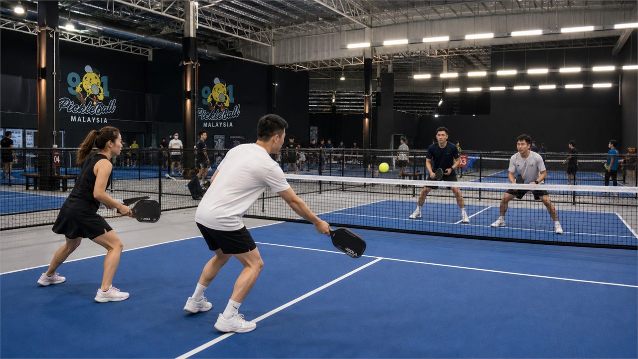 91 Sports Arena pickleball courts with players using Franklin and JOOLA style paddles