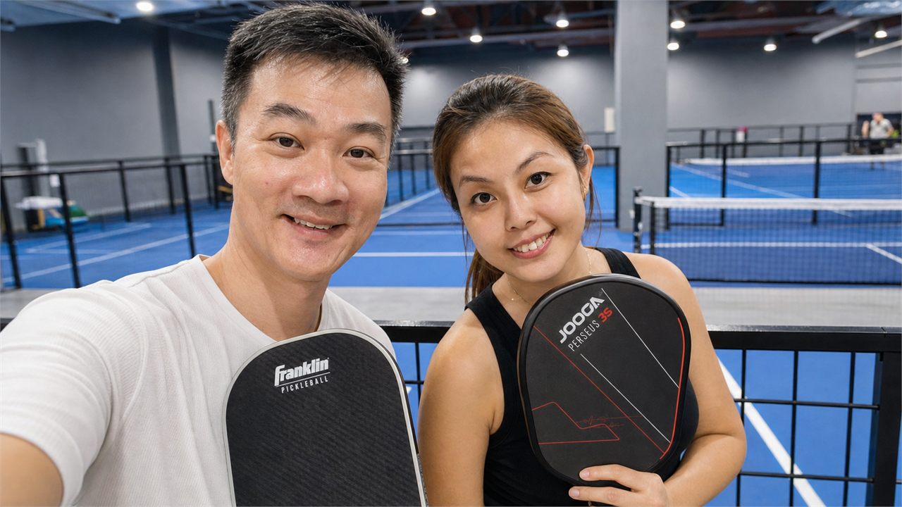 Happy Dinkers players smiling after a pickleball session with Franklin and JOOLA style paddles