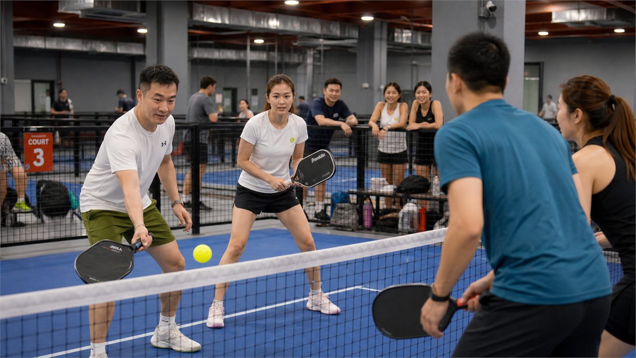 Friendly DUPR tournament match with realistic branded pickleball paddles