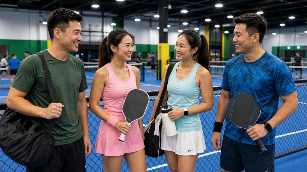 Sporty Happy Dinkers players with pickleball paddles at 91 Sports Arena