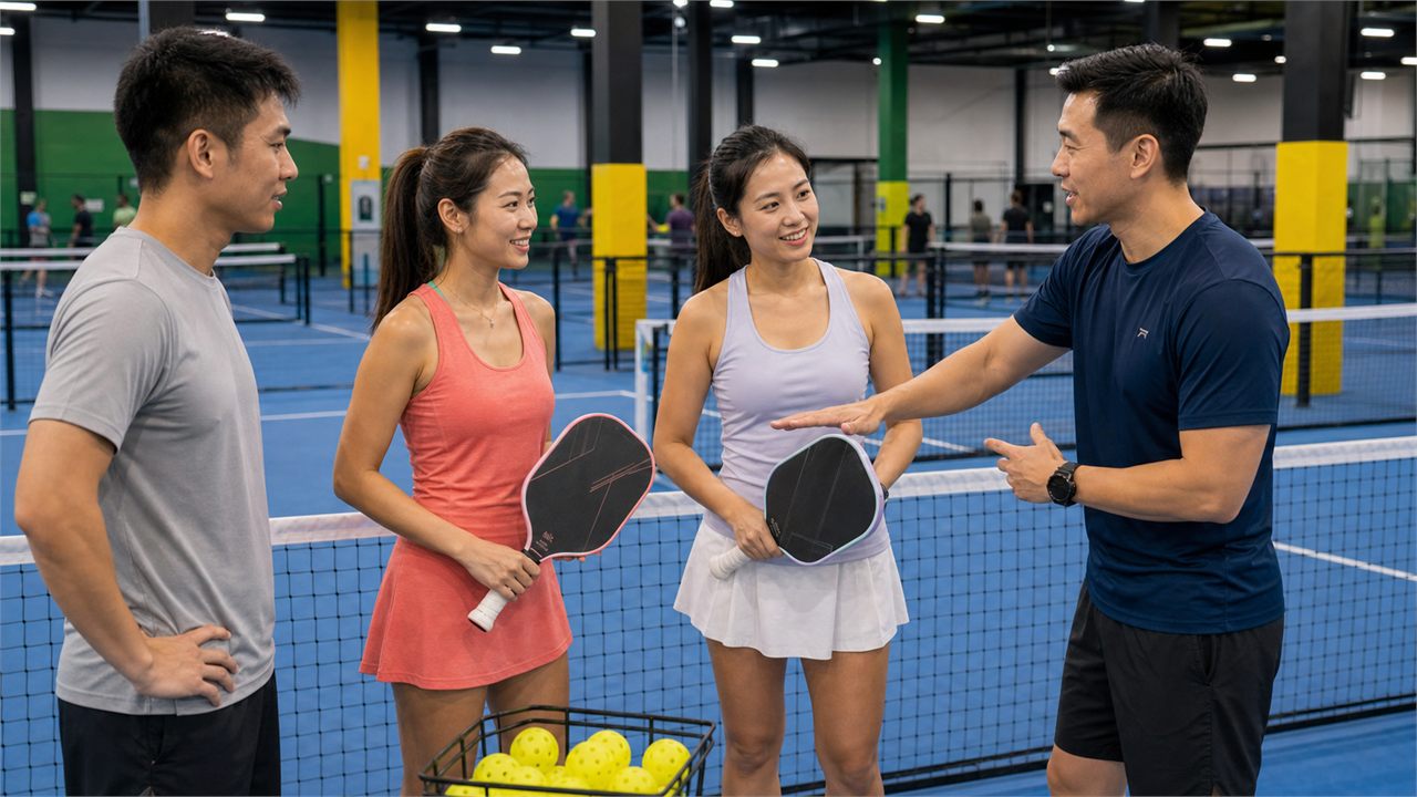 Jacky explaining pickleball positioning to newer Happy Dinkers players on an indoor court