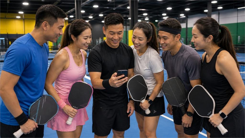 Happy Dinkers players checking different pickleball game formats before a session
